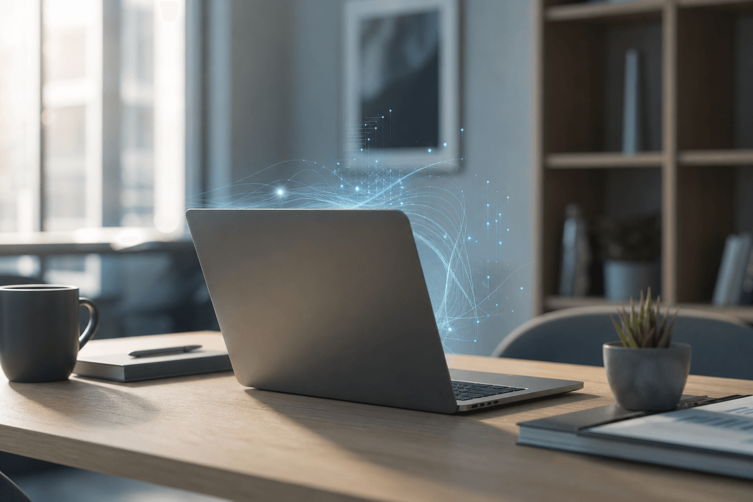A laptop on a clean desk with a subtle cool-blue holographic glow above the screen, suggesting AI processing.