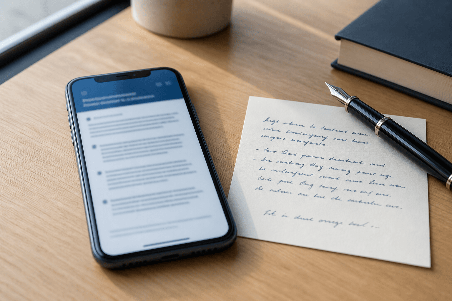 A smartphone showing a clean summary on its screen, beside a handwritten note card and a fountain pen.