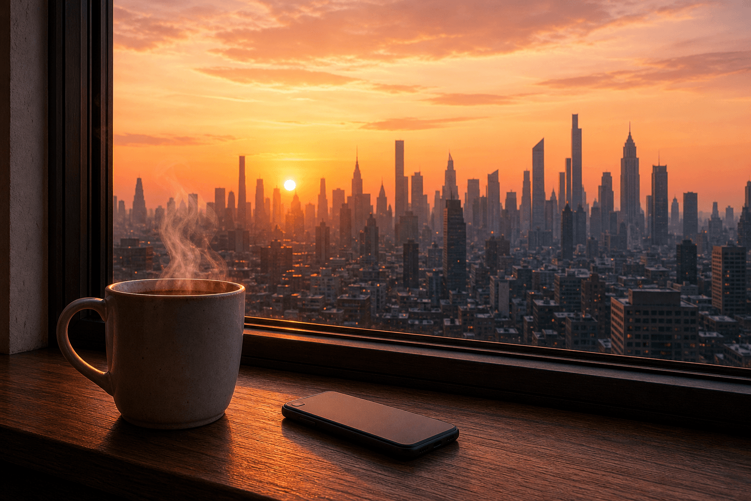 A steaming coffee cup and a smartphone on a window sill with a warm orange sunrise glowing over a distant city skyline.