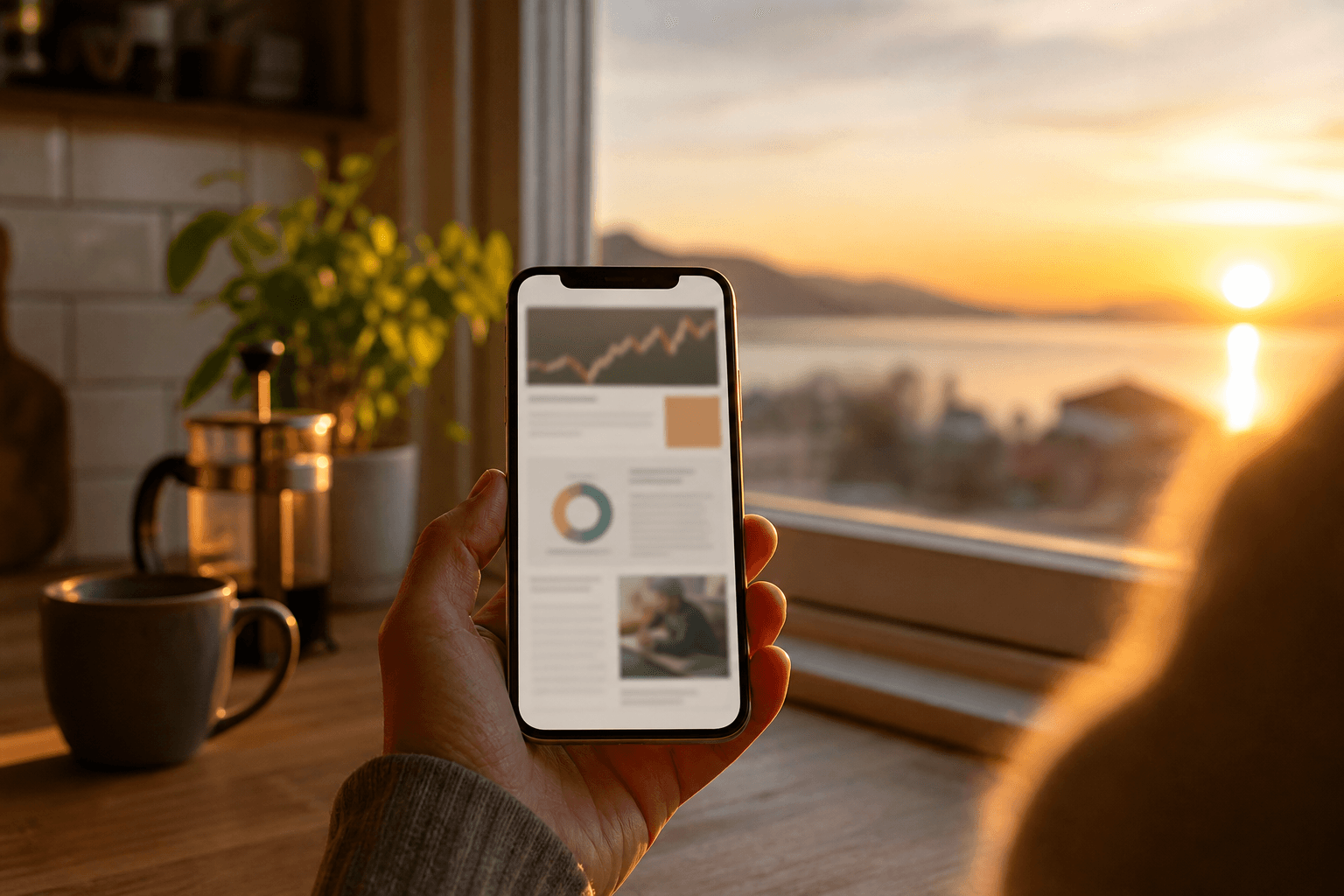 A hand holding a smartphone showing a clean morning brief layout, with a glowing sunrise visible through the window behind.