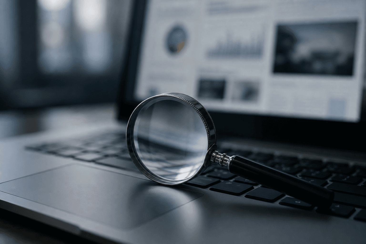 A magnifying glass resting on a laptop keyboard, with the screen showing a cluttered layout in the background.