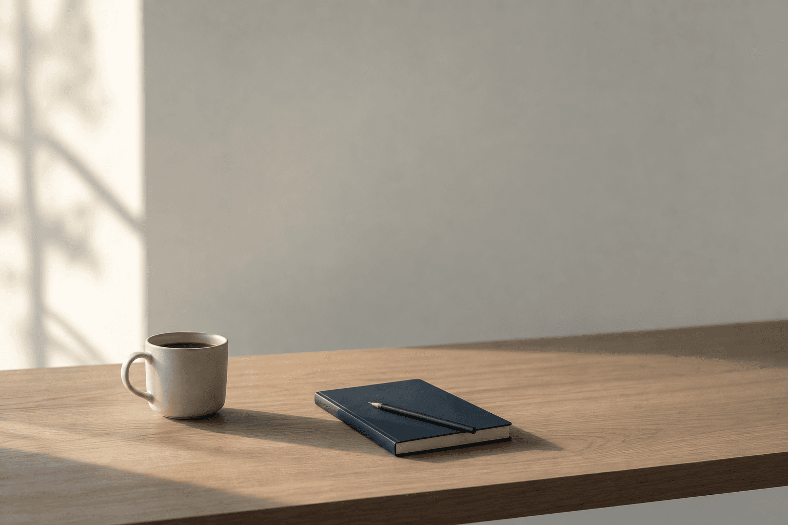 A minimalist wooden desk with one coffee cup and one closed notebook, surrounded by negative space and soft window light.