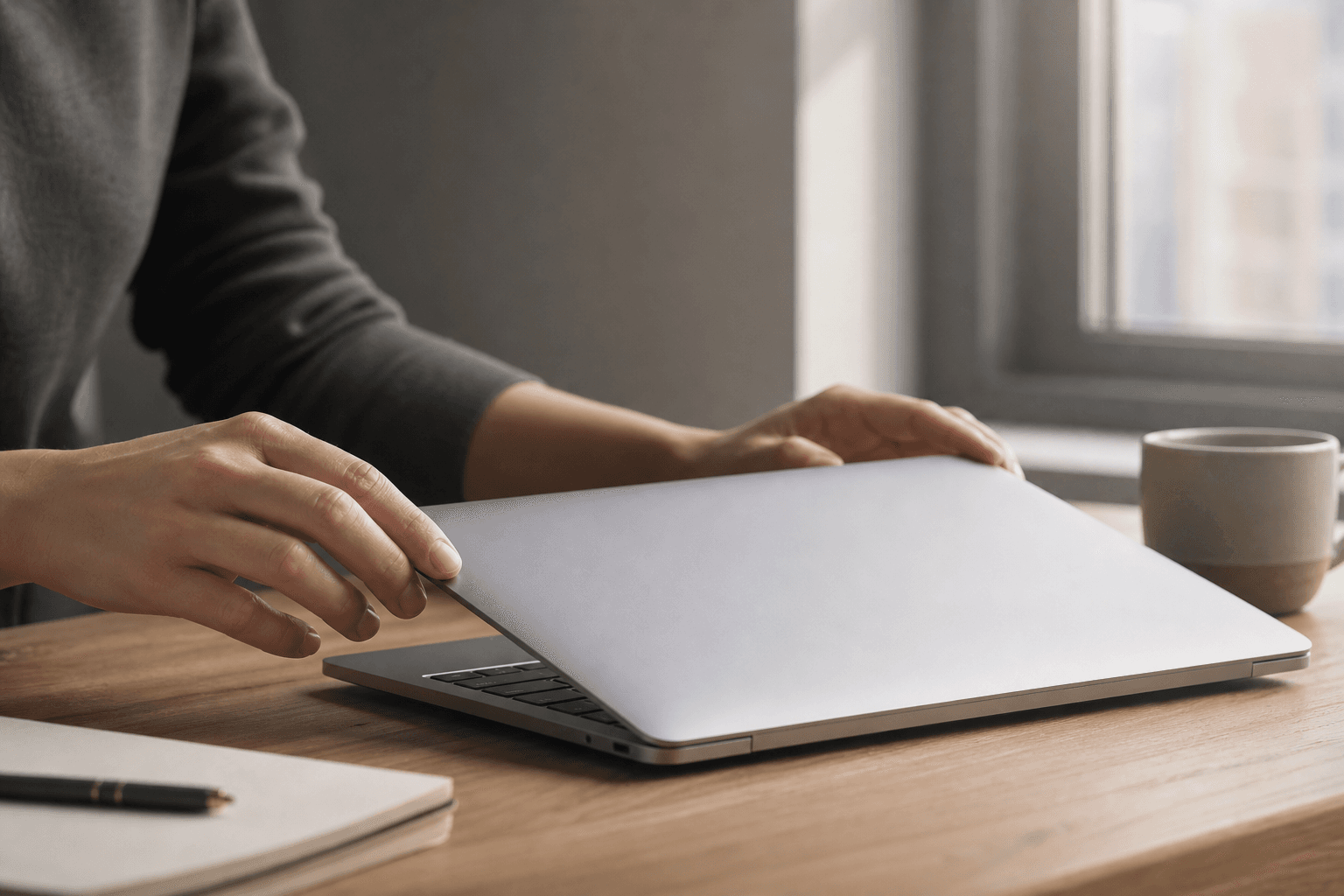 Hands gently closing the lid of a silver laptop on a clean desk, beside a single coffee cup.