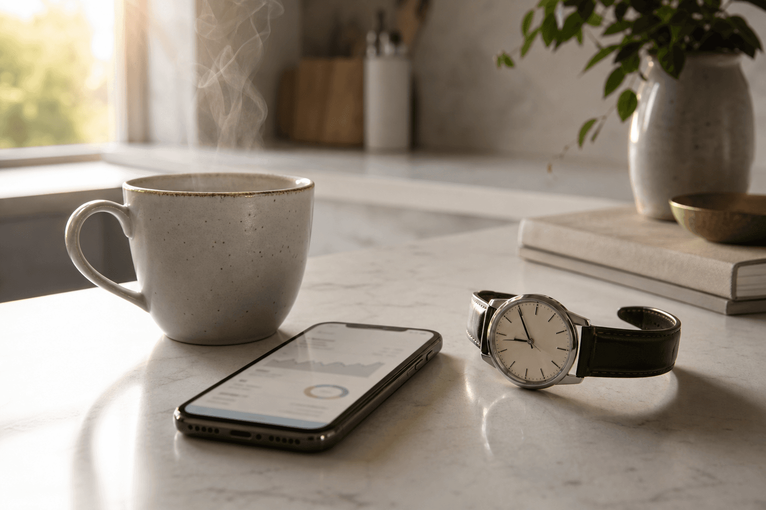 A coffee cup, a smartphone, and an analog wristwatch arranged on a marble kitchen counter in soft morning light.