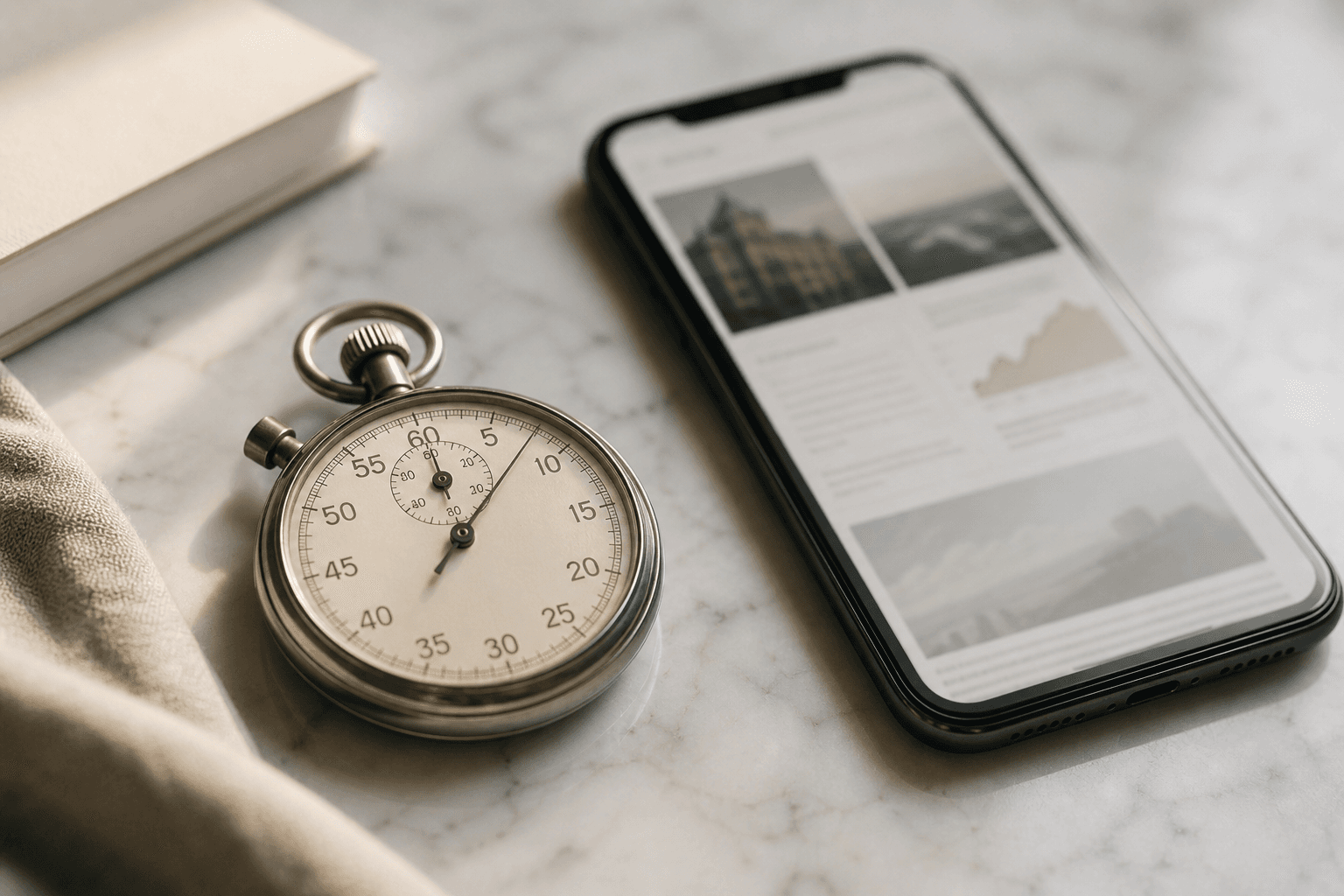 A vintage analog stopwatch resting on a marble surface beside a smartphone displaying a clean news layout.