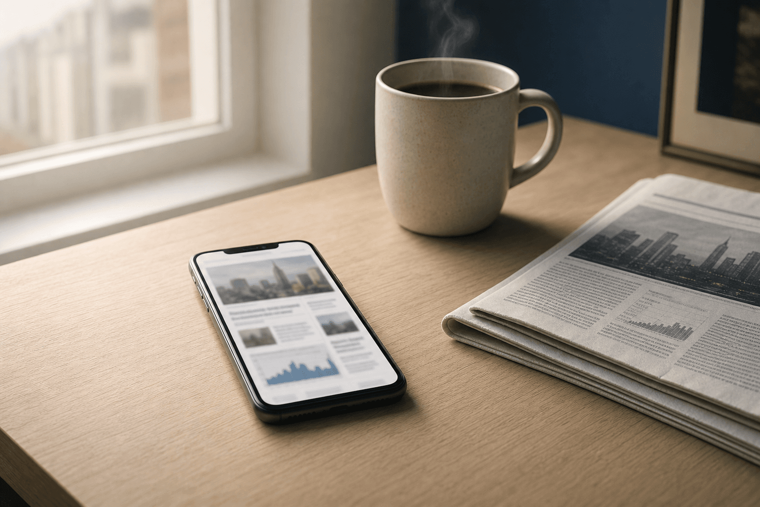 Smartphone showing a structured morning news brief beside a folded newspaper and a coffee cup on a wooden desk.