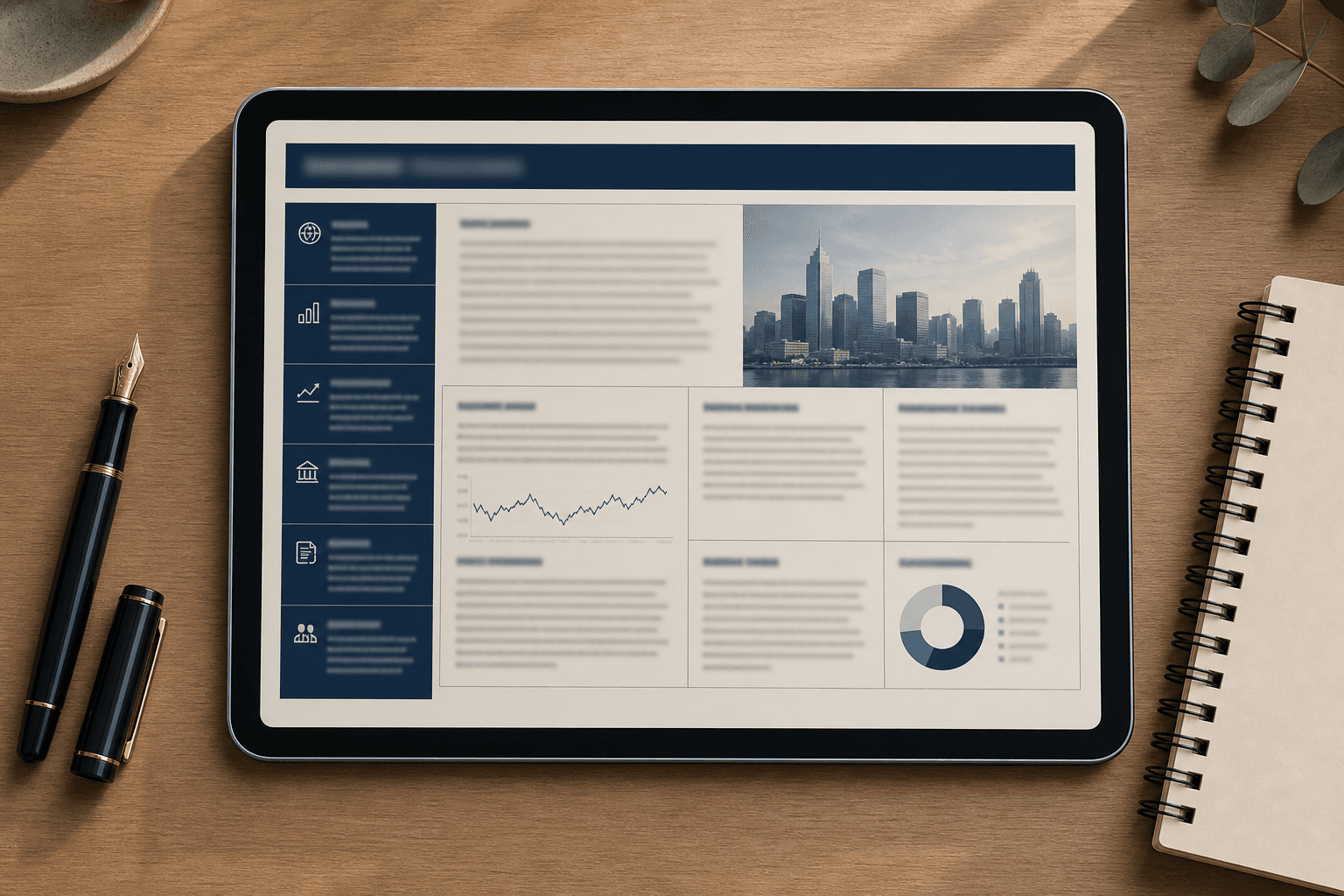 Top-down view of a tablet displaying a structured editorial digest with sections, charts, and a city image.