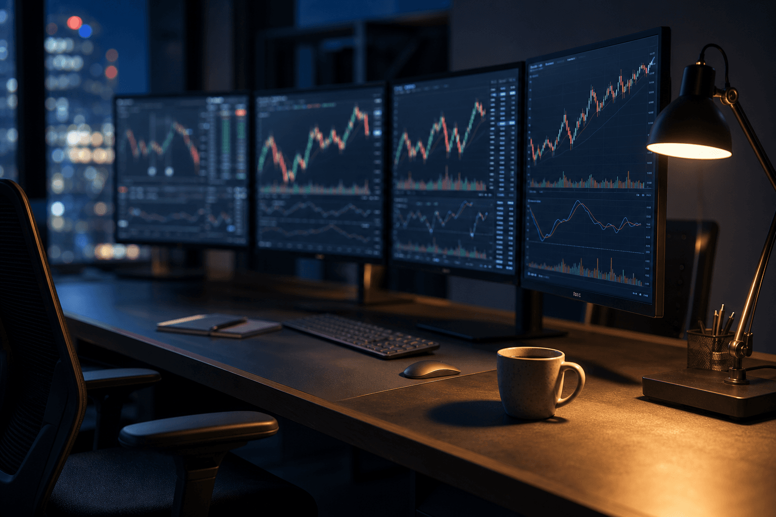 A multi-monitor trading desk at night showing several stock charts side by side, lit by a small desk lamp.