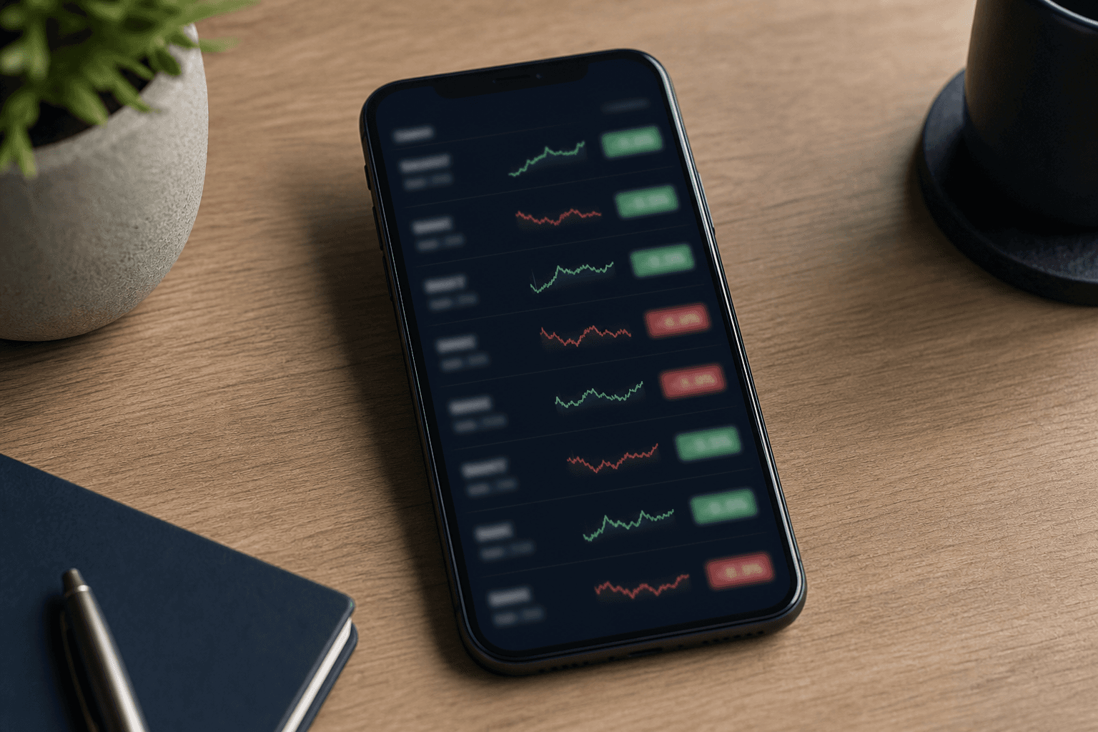 A close-up of a smartphone displaying a multi-stock watchlist with abstract sparkline charts.
